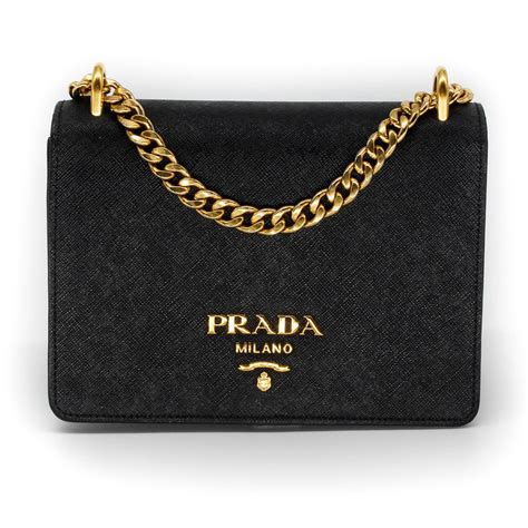 Prada Small Black Saffiano Leather Canvas with Gold Chain 